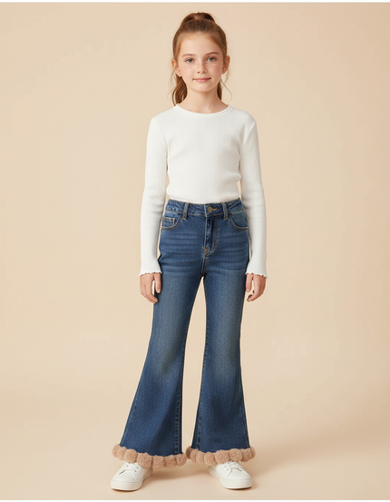 Pantalon Patte D'Éléphant Jean Évasé Fourrure Fille - Bleu