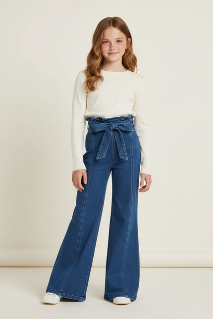 Pantalon Patte D'Éléphant Denim Bleu Taille Haute Ceinture Fille - Jean