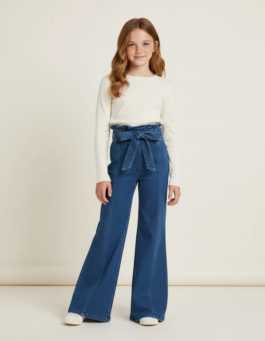 Pantalon Patte D'Éléphant Denim Bleu Taille Haute Ceinture Fille - Jean