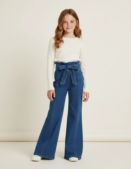 Pantalon Patte D'Éléphant Denim Bleu Taille Haute Ceinture Fille - Jean