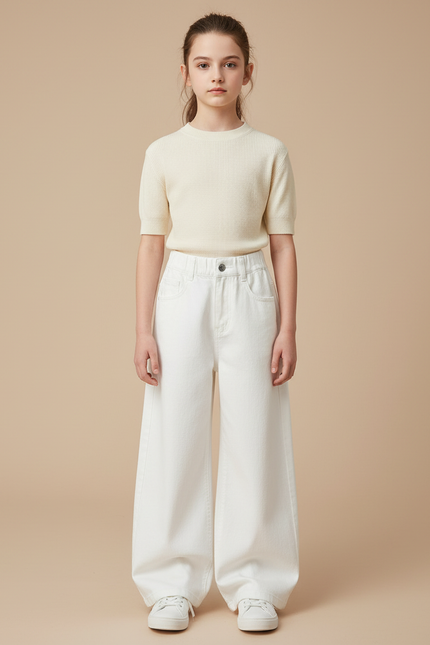 Pantalon Patte D'Éléphant Blanc Ample Coton Décontracté Enfant - Jean