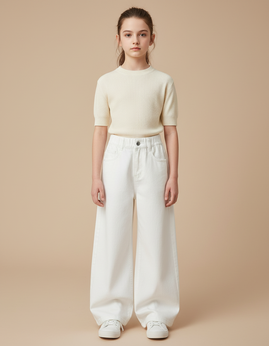 Pantalon Patte D'Éléphant Blanc Ample Coton Décontracté Enfant - Jean