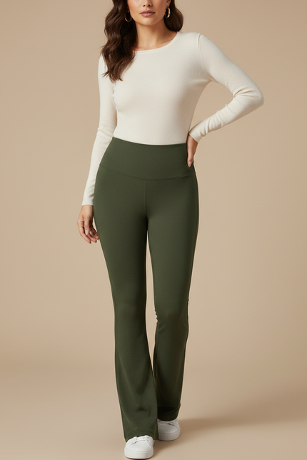 Pantalon Patte D'Éléphant Vert Kaki Taille Haute Confortable - Polyester