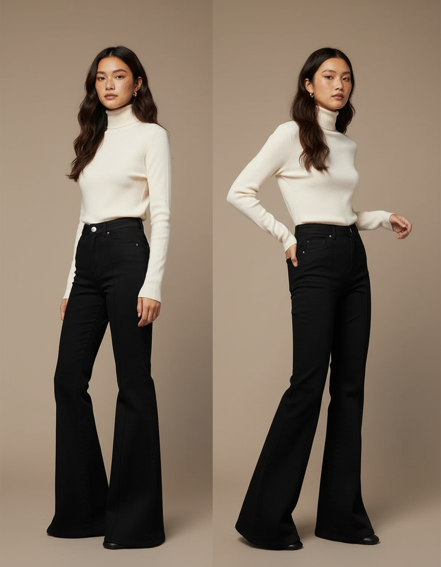 Pantalon Patte D'Éléphant Femme Noir Flare Stretch - Maille