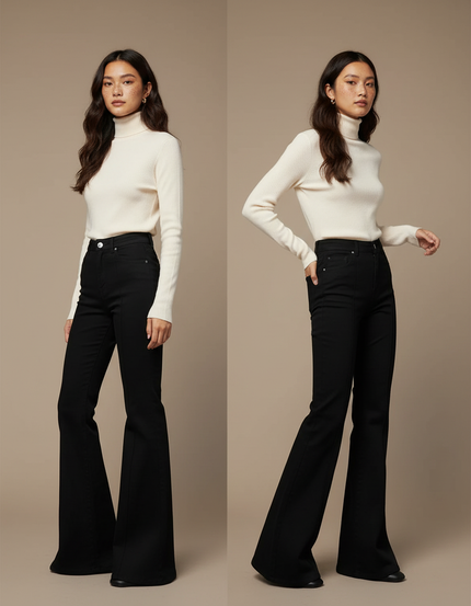 Pantalon Patte D'Éléphant Femme Noir Flare Stretch - Maille