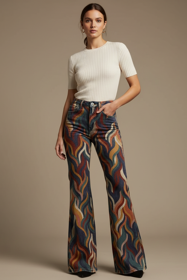 Pantalon Patte D'Éléphant Imprimé Ondulé Multicolore Vintage Taille Haute - Jean