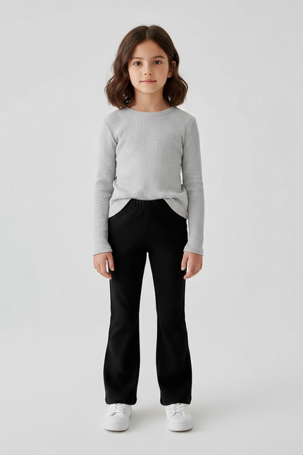 Pantalon Patte D'Éléphant Noir Uni Évasé Confortable Fille - Molleton