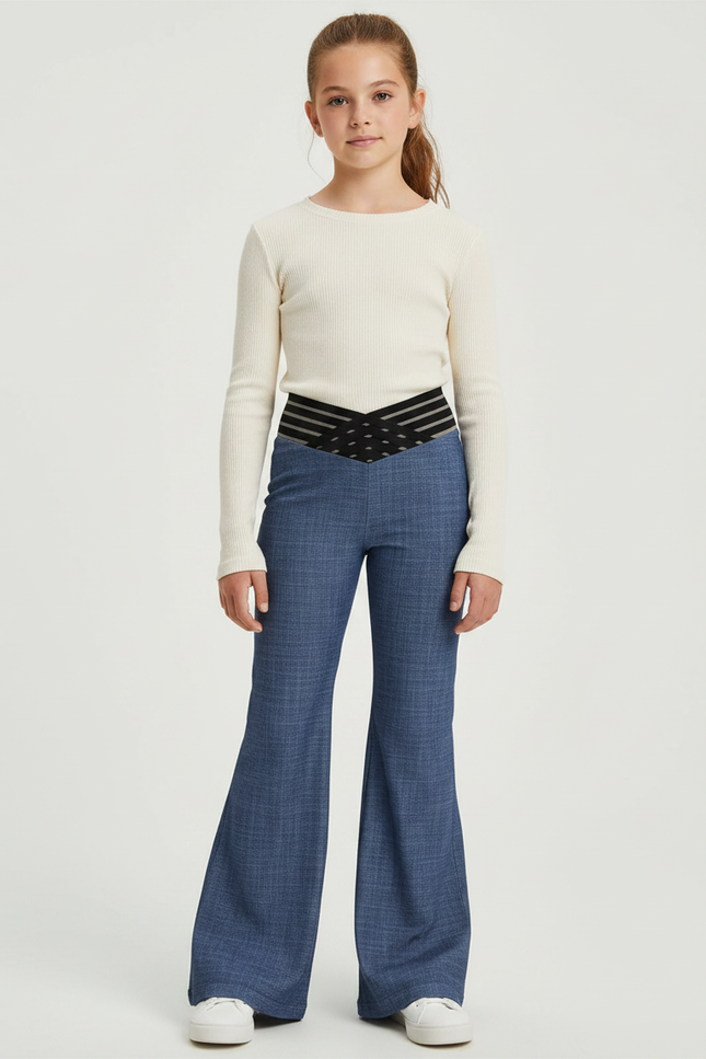 Pantalon Patte D'Éléphant Bleu Évasé Taille Haute Fille - Toile