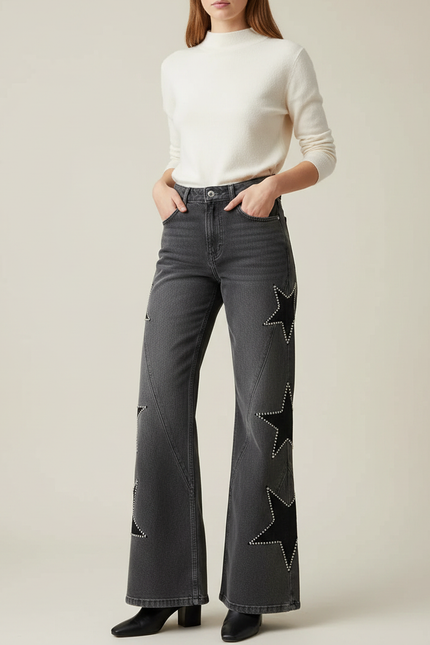 Pantalon Patte D'Éléphant Gris Étoiles Cloutées Denim Femme - Jean