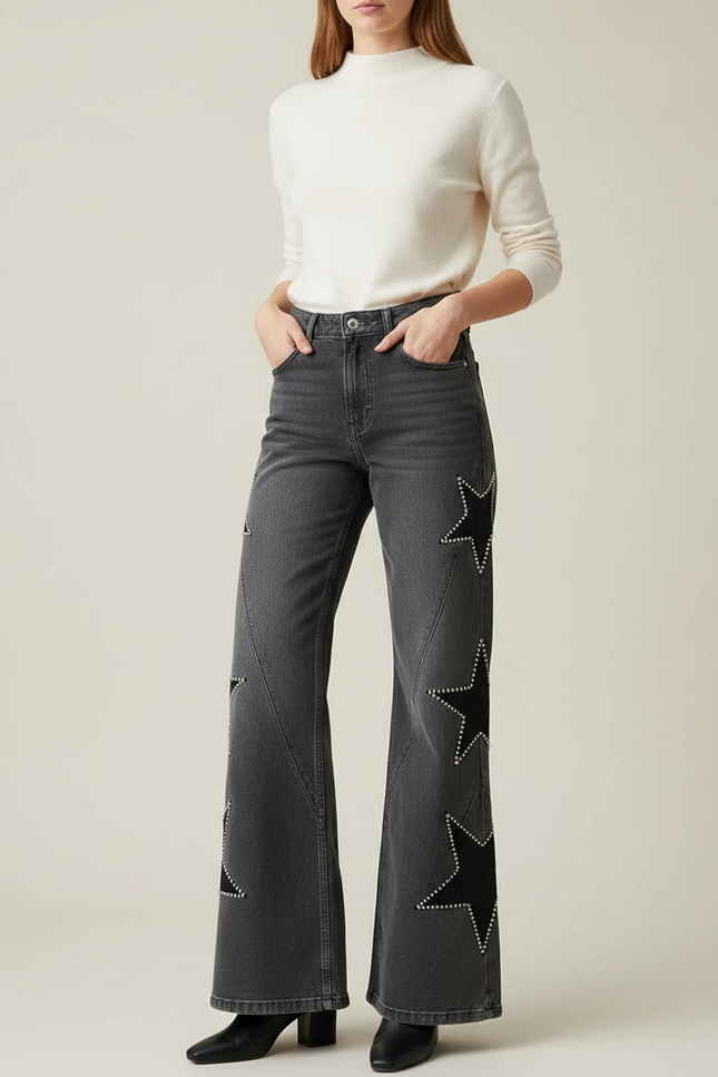 Pantalon Patte D'Éléphant Gris Étoiles Cloutées Denim Femme - Jean