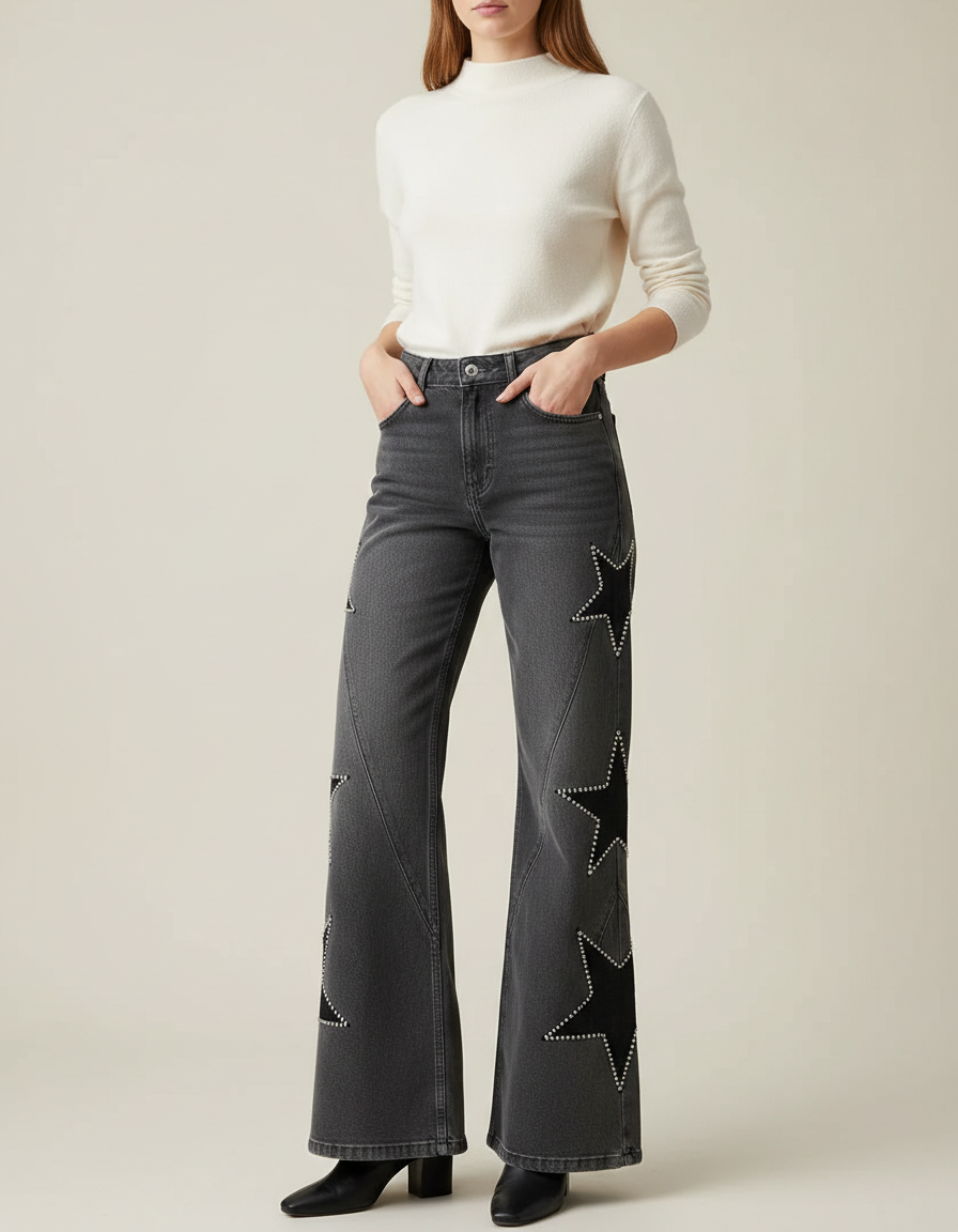 Pantalon Patte D'Éléphant Gris Étoiles Cloutées Denim Femme - Jean