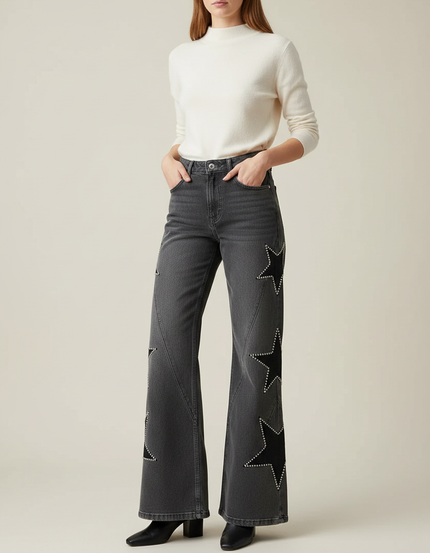 Pantalon Patte D'Éléphant Gris Étoiles Cloutées Denim Femme - Jean