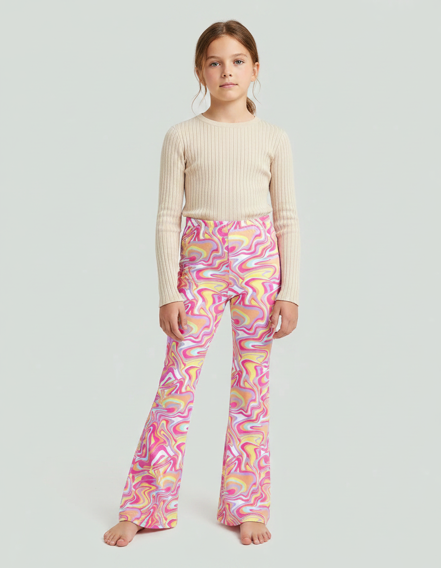 Pantalon Patte D'Éléphant Imprimé Marbré Vif Évasé Confortable Fille - Multicolore Polyester
