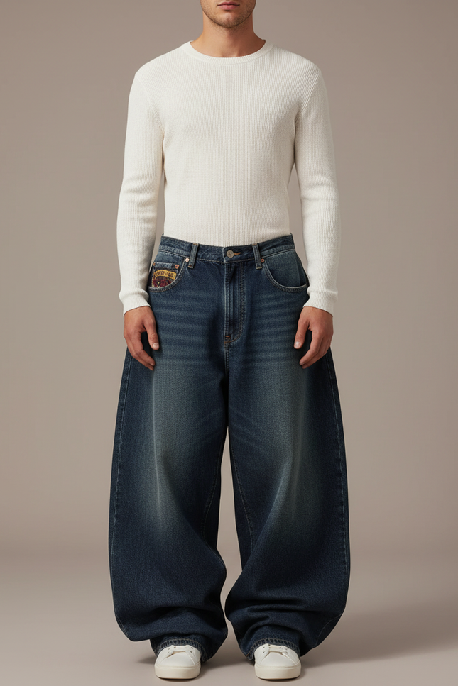 Pantalon Patte D'Éléphant Jean Ample Délavé Brodé Vintage Homme - Bleu