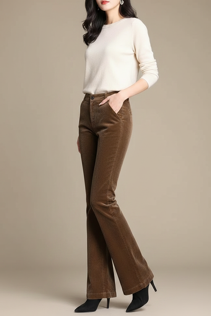 Pantalon Patte D'Éléphant Marron Côtelé Ajusté Élégant - Cordé