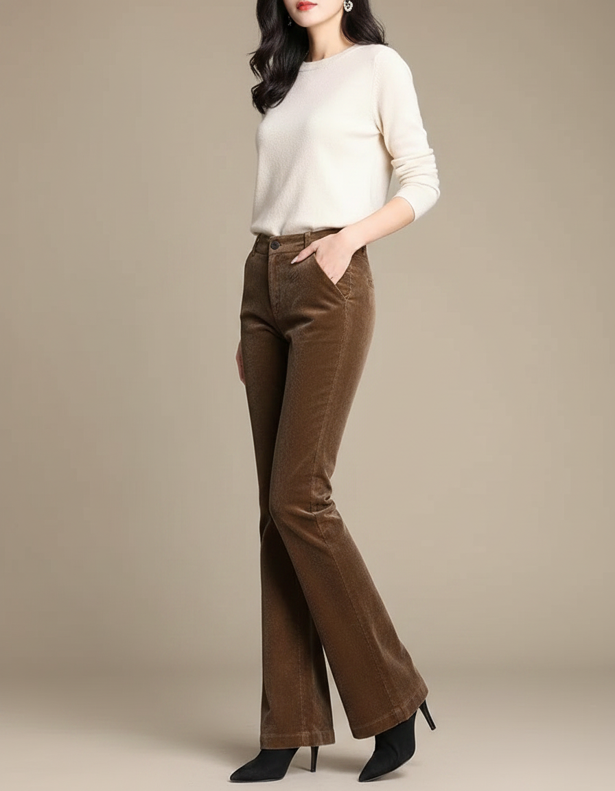 Pantalon Patte D'Éléphant Marron Côtelé Ajusté Élégant - Cordé