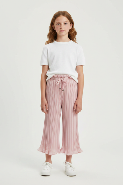 Pantalon Patte D'Éléphant Plissé Rose Enfant Taille Haute Fluide - Polyester