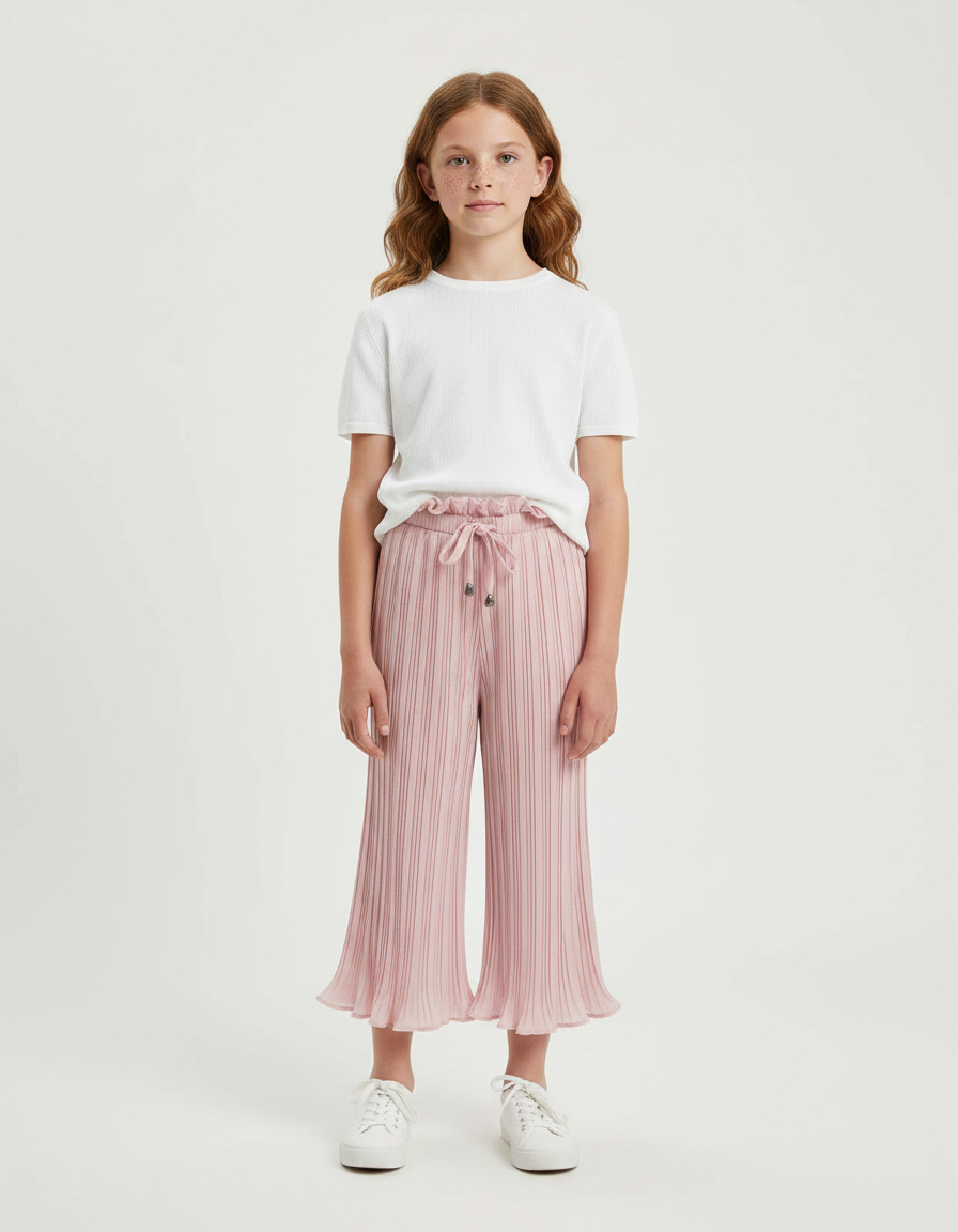 Pantalon Patte D'Éléphant Plissé Rose Enfant Taille Haute Fluide - Polyester