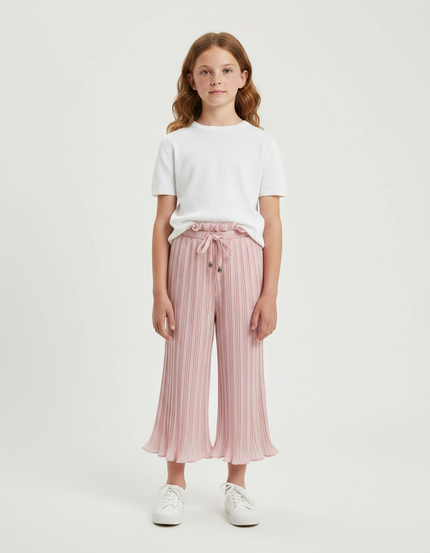 Pantalon Patte D'Éléphant Plissé Rose Enfant Taille Haute Fluide - Polyester