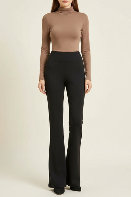 Pantalon Patte D'Éléphant Noir Évasé Taille Haute Élégant Slim - Polyester