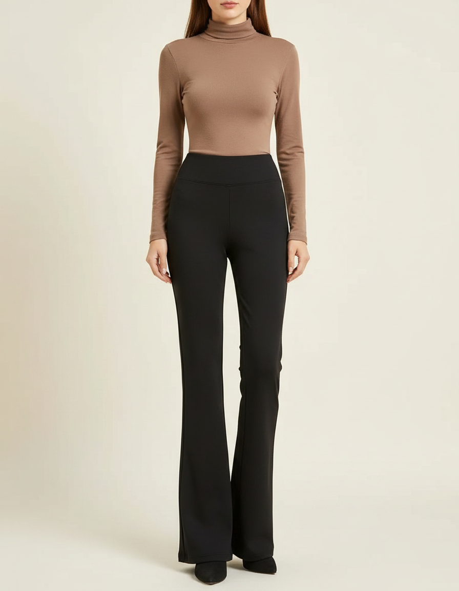 Pantalon Patte D'Éléphant Noir Évasé Taille Haute Élégant Slim - Polyester