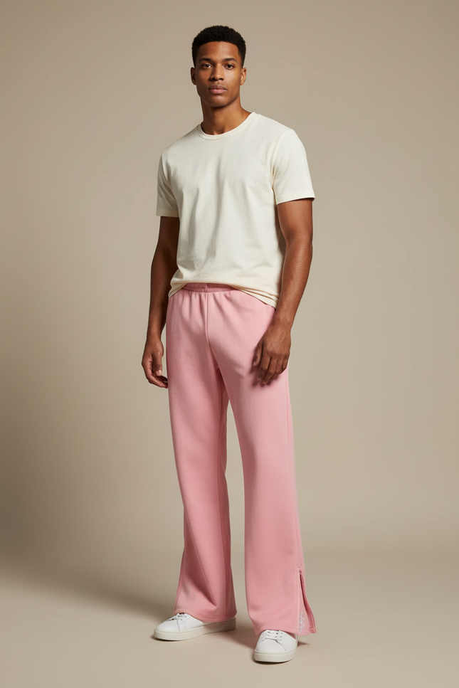 Pantalon Patte D'Éléphant Rose Ample Évasé Zippé Brodé - Molleton