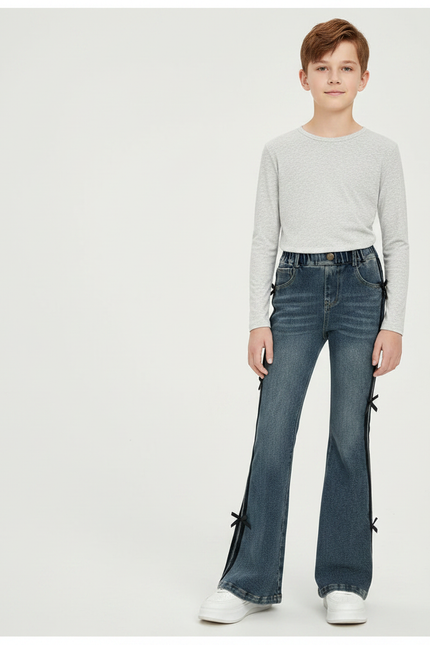 Pantalon Patte D'Éléphant Denim Bleu Nœuds Noirs Fille - Jean
