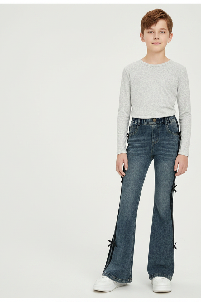 Pantalon Patte D'Éléphant Denim Bleu Nœuds Noirs Fille - Jean
