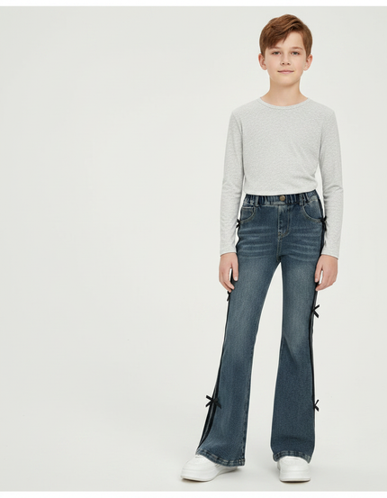 Pantalon Patte D'Éléphant Denim Bleu Nœuds Noirs Fille - Jean