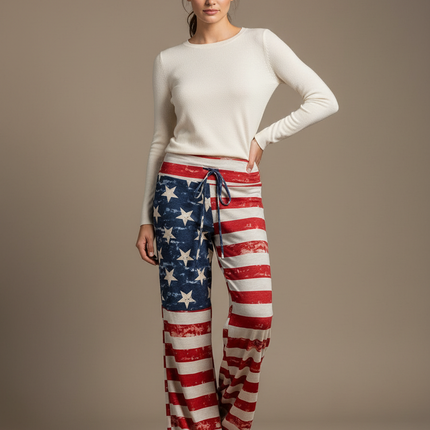Pantalon Patte D'Éléphant Imprimé Drapeau Américain Décontracté Cordon - Maille