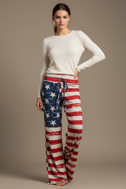 Pantalon Patte D'Éléphant Imprimé Drapeau Américain Décontracté Cordon - Maille