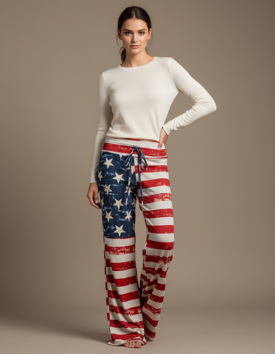 Pantalon Patte D'Éléphant Imprimé Drapeau Américain Décontracté Cordon - Maille