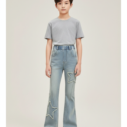 Pantalon Patte D'Éléphant Bleu Denim Étoiles Évasé Enfant - Jean