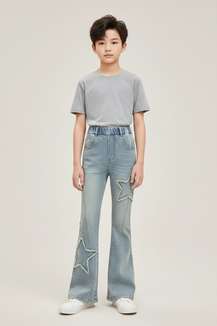 Pantalon Patte D'Éléphant Bleu Denim Étoiles Évasé Enfant - Jean