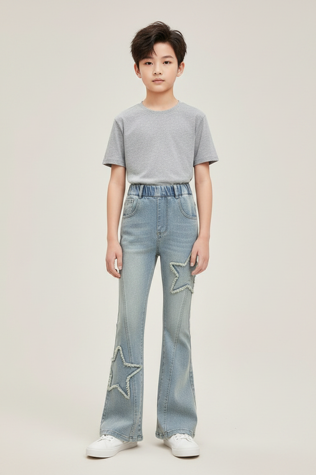 Pantalon Patte D'Éléphant Bleu Denim Étoiles Évasé Enfant - Jean