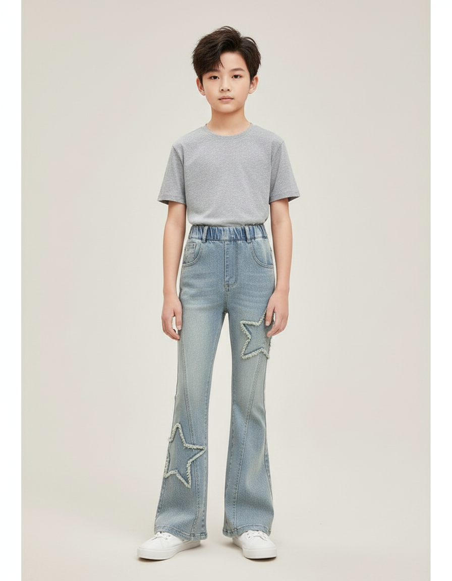 Pantalon Patte D'Éléphant Bleu Denim Étoiles Évasé Enfant - Jean