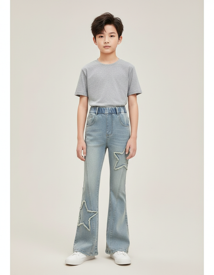 Pantalon Patte D'Éléphant Bleu Denim Étoiles Évasé Enfant - Jean