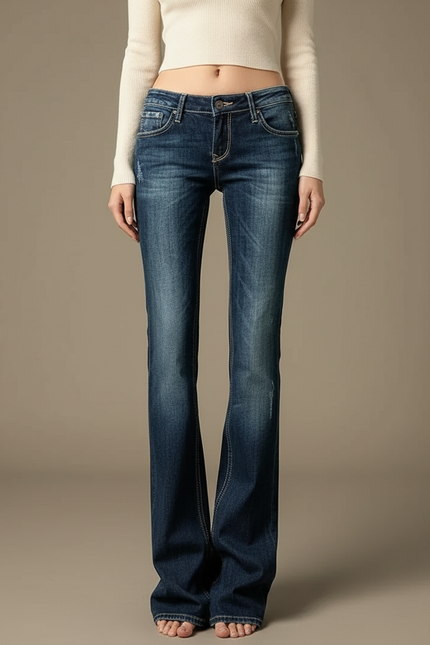 Pantalon Patte D'Éléphant Jean Bleu Délavé Taille Basse