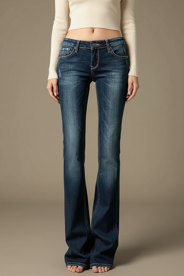 Pantalon Patte D'Éléphant Jean Bleu Délavé Taille Basse