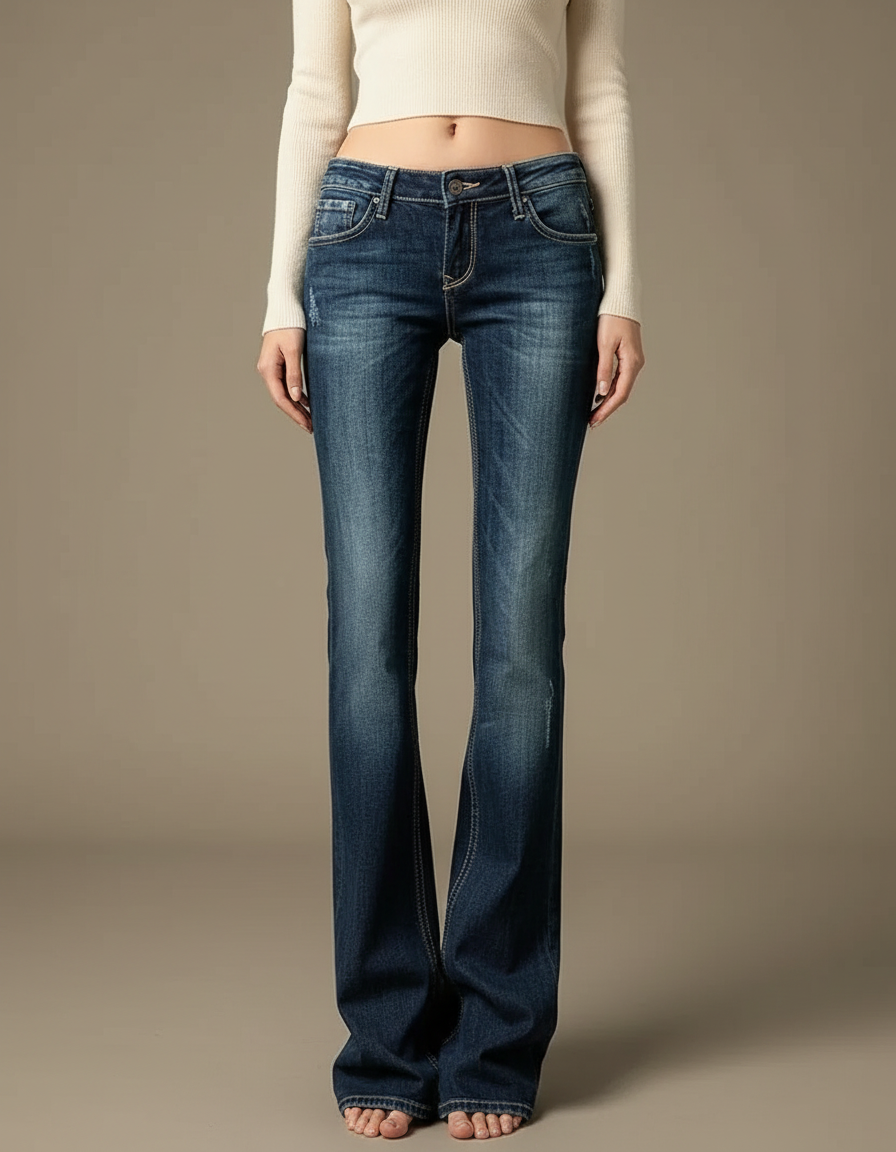 Pantalon Patte D'Éléphant Jean Bleu Délavé Taille Basse
