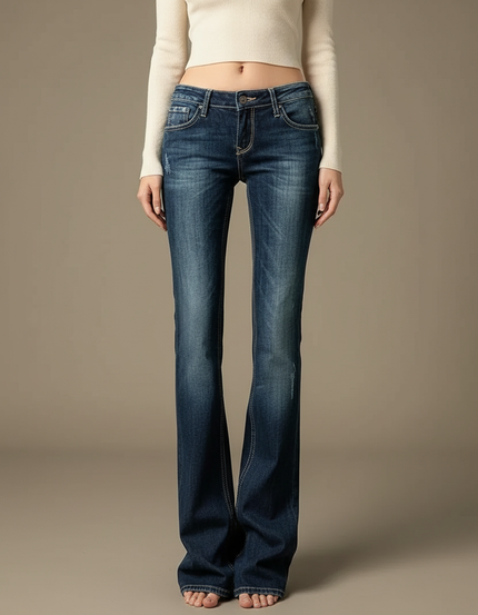 Pantalon Patte D'Éléphant Jean Bleu Délavé Taille Basse