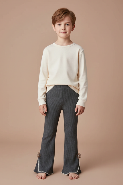 Pantalon Patte D'Éléphant Gris Côtelé Évasé Nœuds Enfant - Maille