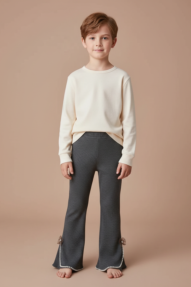 Pantalon Patte D'Éléphant Gris Côtelé Évasé Nœuds Enfant - Maille