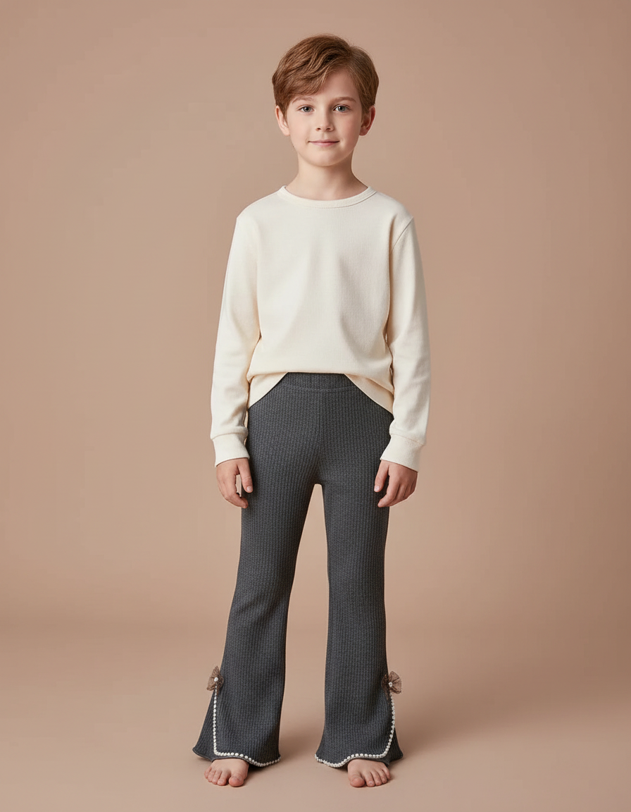 Pantalon Patte D'Éléphant Gris Côtelé Évasé Nœuds Enfant - Maille