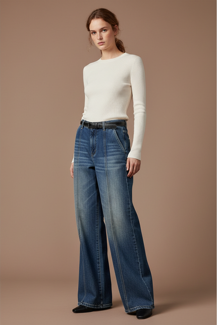 Pantalon Patte D'Éléphant Bleu Délavé Ample Vintage Taille Haute - Jean