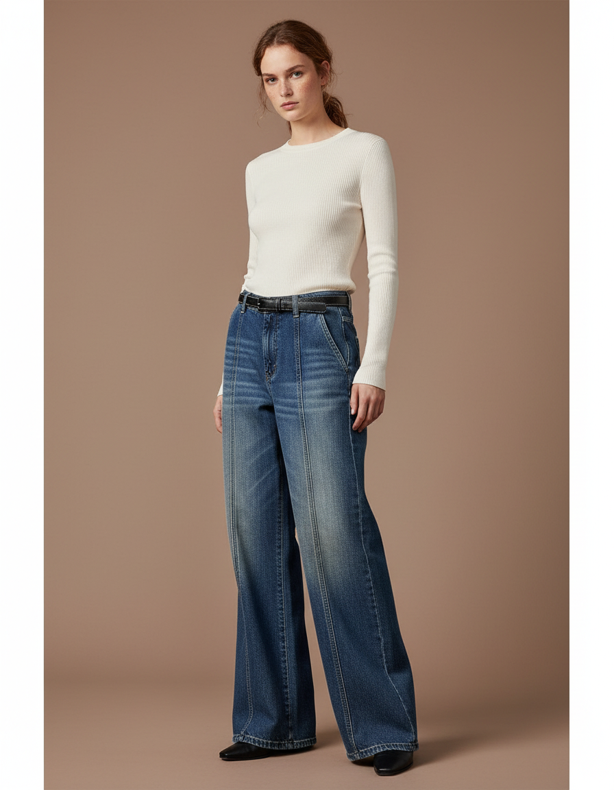 Pantalon Patte D'Éléphant Bleu Délavé Ample Vintage Taille Haute - Jean