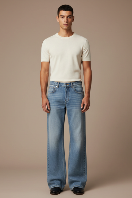 Pantalon Patte D'Éléphant Jean Bleu Délavé Ample Homme