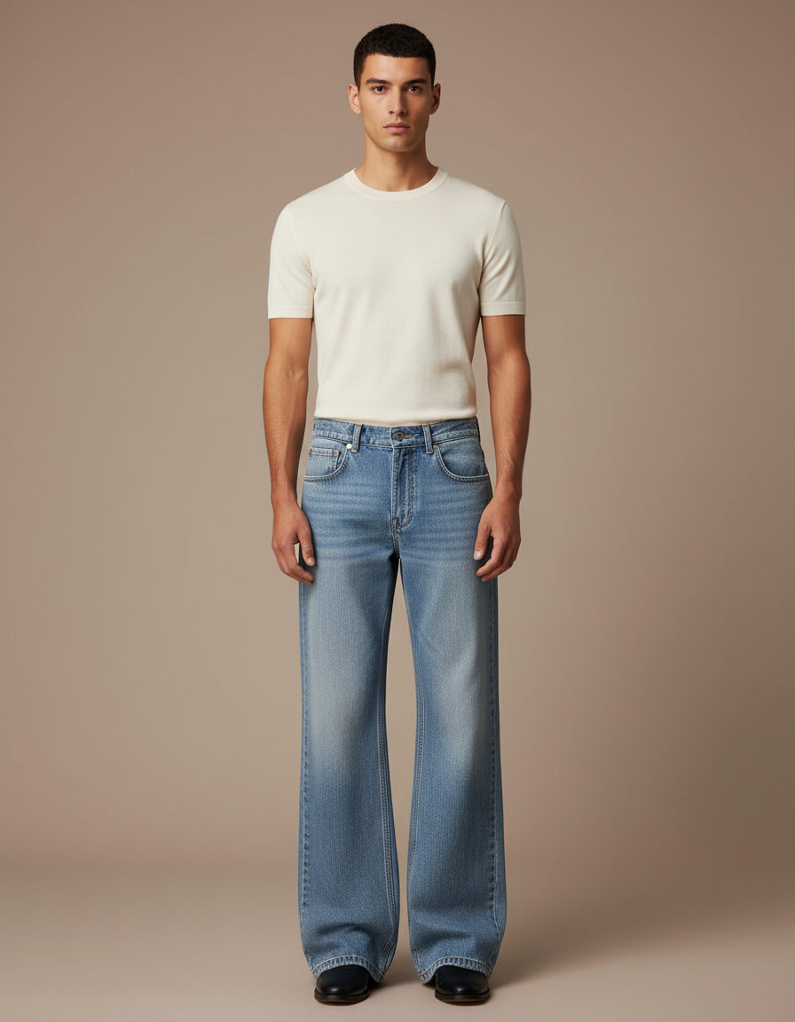 Pantalon Patte D'Éléphant Jean Bleu Délavé Ample Homme