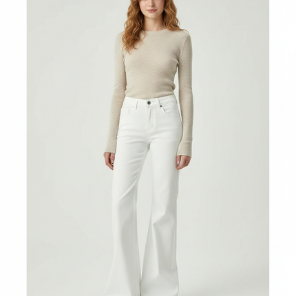 Pantalon Patte D'Éléphant Blanc Taille Haute Évasé Décontracté - Jean