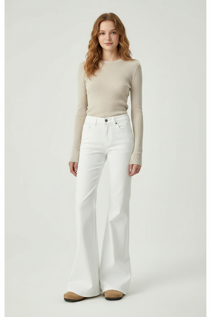 Pantalon Patte D'Éléphant Blanc Taille Haute Évasé Décontracté - Jean